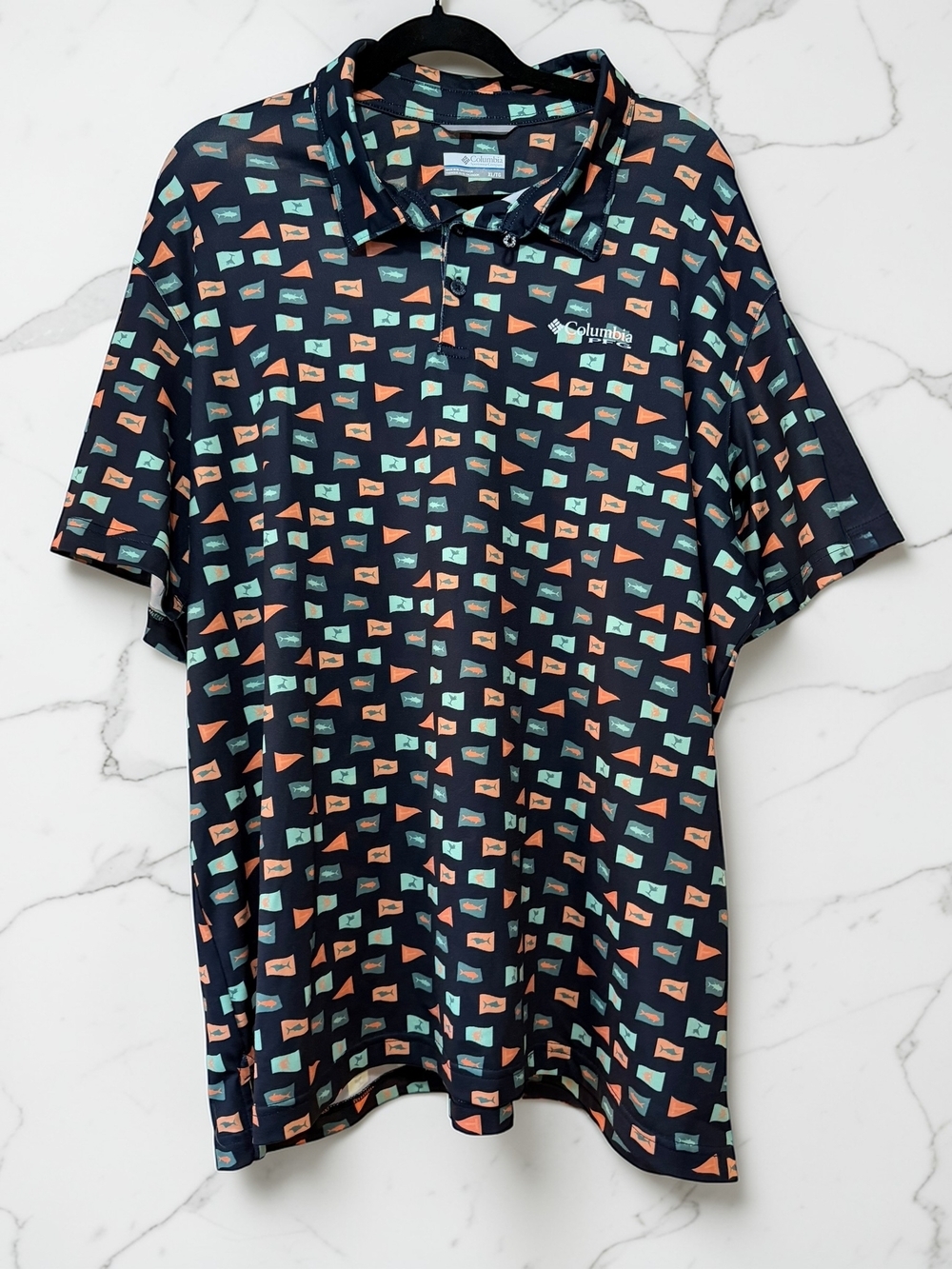 Columbia PFG Polo Shirt Mens XL Fish Print Blue Short Sleeve Performance Fishing